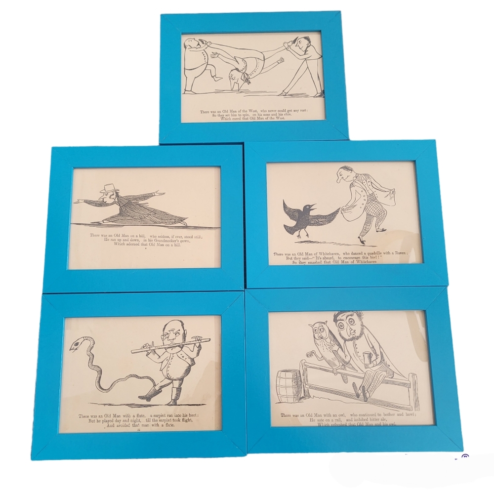 Set of 5 framed illustrated rhymes from the Book of Nonsense by Edward Lear